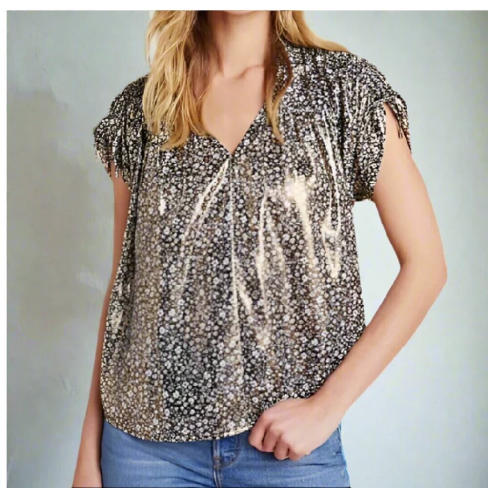 Anthropologie Gold Metallic Floral V-Neck Blouse M